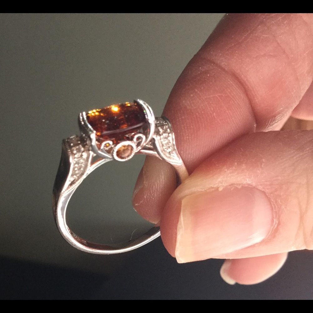 Madiera citrine and diamond ring 14 K white gold